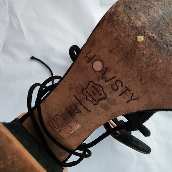 Anthropologie Howsty Mimosa Lasercut Suede Heels39 Black All Leather Wrap Ankle - Picture 8 of 10